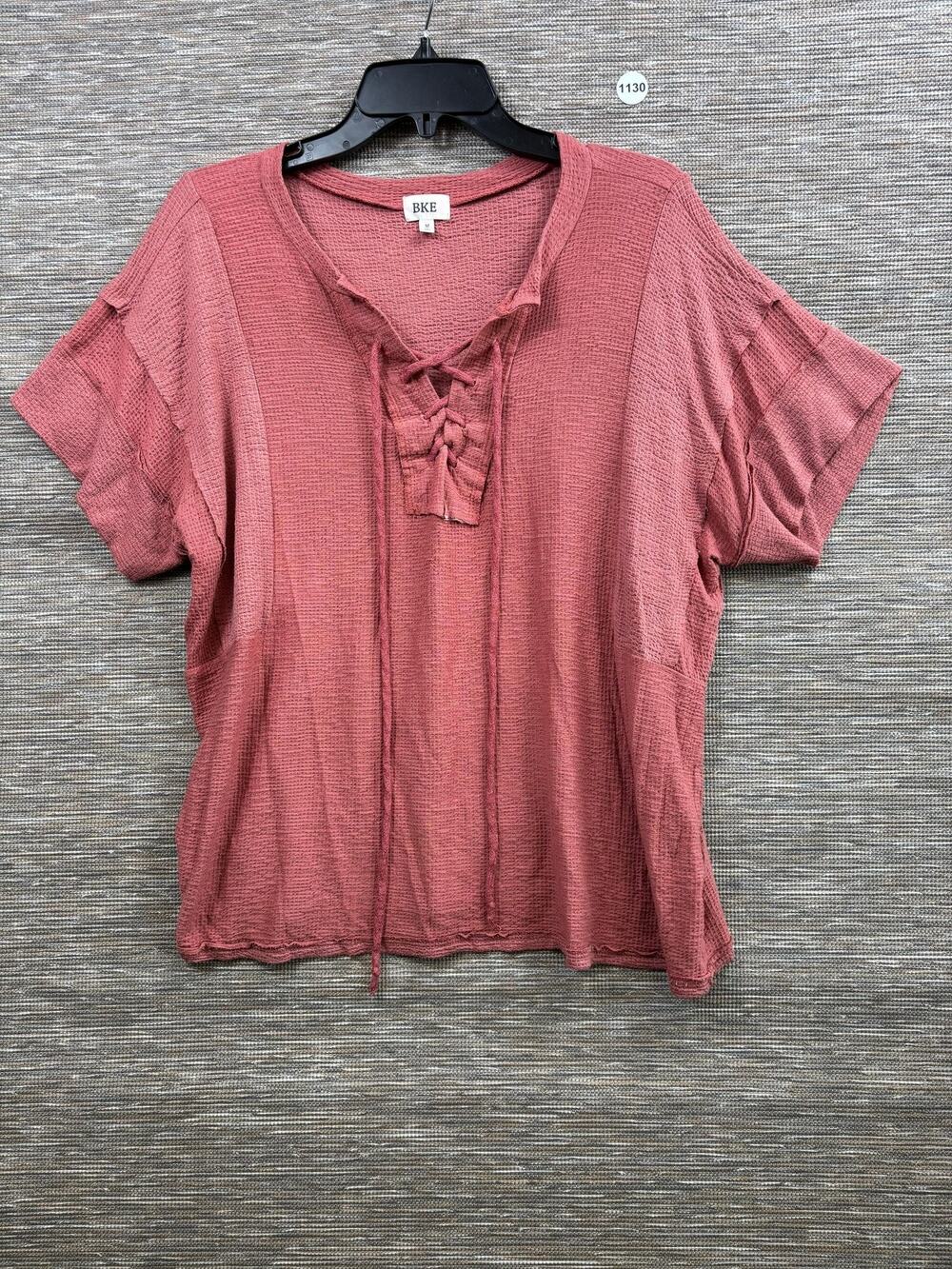 BKE Shirt Womens M Pink Lace Up V Neck Waffle Knit Short Sleeve T-Shirt
